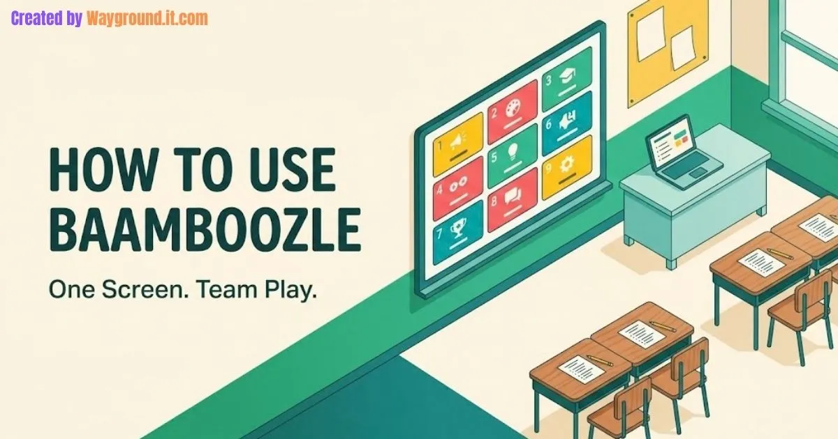 Illustration of a shared classroom quiz screen beside student desks with paper answer sheets.