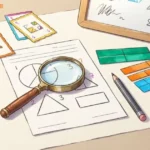 Illustrated math task cards, fraction strips, and a magnifying glass arranged for an error-analysis activity.